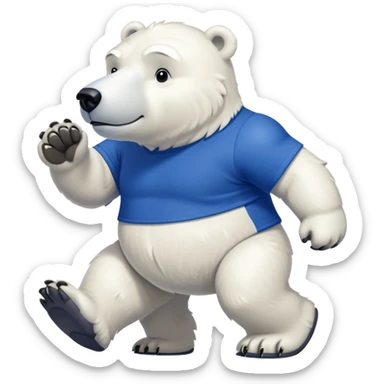 friendly anthropomorphised polar bear walking with a confident stride, wearing a royal blue t-shirt, stronger-looking sticker