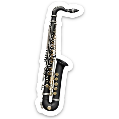 Create an elegant and detailed emoji representing a clarinet. The design should feature the sleek, black wood finish of the clarinet with its shiny metal keys clearly visible. Highlight the intricate details, such as the bell at the end and the carefully crafted mouthpiece with the reed. Use black wood tones for the body of the instrument and silver or brass accents for the keys. Add subtle musical notes or soundwaves floating around the instrument to evoke the smooth, melodic sound of the clarinet. The background should be transparent. sticker