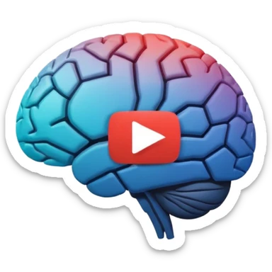 Minimalist flat icon design, brain silhouette with YouTube play button triangle integrated inside, clean vector style, single color or gradient, simple lines, professional logo style, white background, centered composition sticker