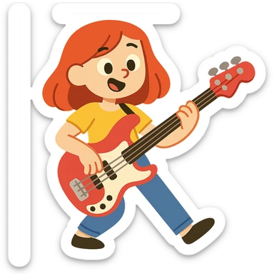 girl with red hair and red bass guitar, long bob hairstyle sticker