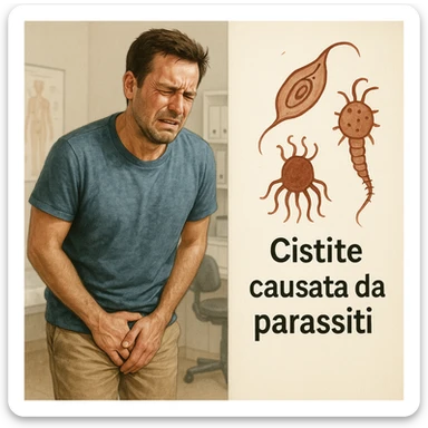 realistic medical illustration of a man with a painful expression, one hand on pelvic area, in a medical office, next to stylized symbols or drawings of parasites, with a short Italian label explaining cystitis caused by parasites, educational and respectful tone sticker