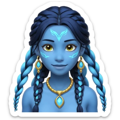 avatar-style Na’vi female portrait, head and shoulders only, blue skin, glowing bioluminescent markings, long braided hair, subtle tribal jewelry, confident smile, 3D cartoon, mobile game icon style, clean background, no text, no watermark
 sticker