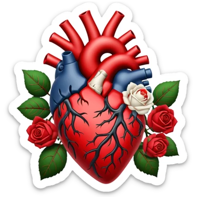 Anatomical heart With black and crimson veins and white roses sticker