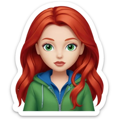 Bratz Meygan red long hair blue eyes, green outfit sticker