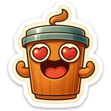 coffee cup creature, big heart eyes, dopey smile sticker