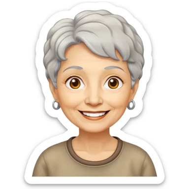 Bà lão 60 tuổi, da vàng, mặt tròn, tóc ngắn màu bạc, tóc hơi xoăn, mặt cười tươi vui vẻ, áo nâu sticker