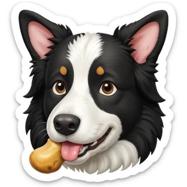 A black and white border collie has a cow's hoof in her mouth. sticker
