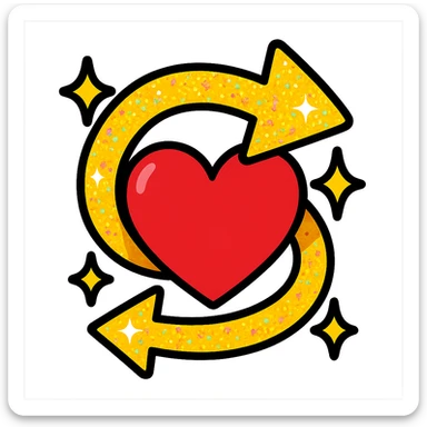 a glittery respawn arrow wrapped around a heart, vibrant toon style, for a queer chaotic gaming group sticker