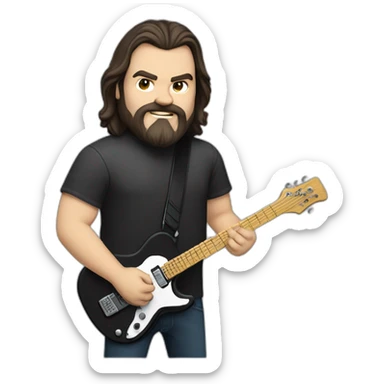 man with long hair and black beard, caucasian, looks like jack black with an electric guitar sticker