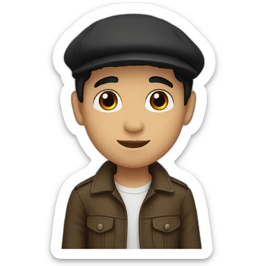 boy with black hair, brown eyes, a little beard, basque beret sticker