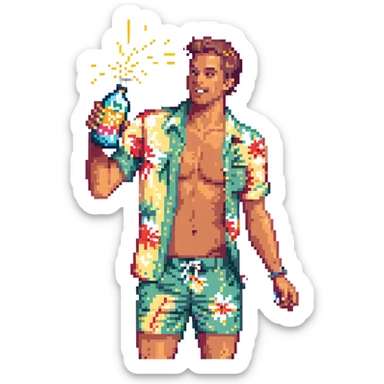 human male Unbuttoned Hawaiian shirt, swim trunks, shaking a cocktail shaker (sparks flying) sticker