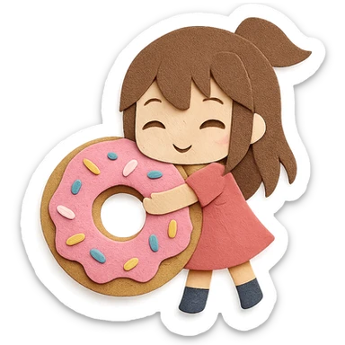 paper-craft style chibi girl hugging giant donut with sprinkles sticker