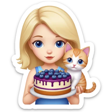 Beautiful girl holding a big blueberry cake and a kitten in her hands sticker