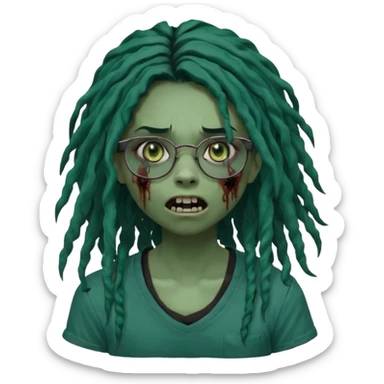 One girl greenskinned, zombie with glasses, with ombre black roots, dark teal long locks & side bang of her locs that fall over slightly covering the right eye, a sinister expression w/ the mouth open, teeth showing, and the jaw uneven. with a small wound near its mouth, her locks curly, black shirt sticker
