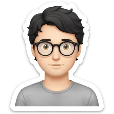 Young caucasian man with black wavy hair, round glasses, simple grey t-shirt sticker