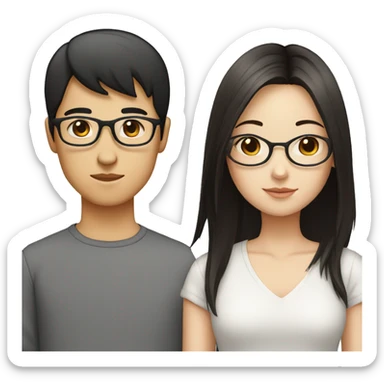 Chinese boy with brown straight hair with glasses with a white girl with black and straight hair sticker