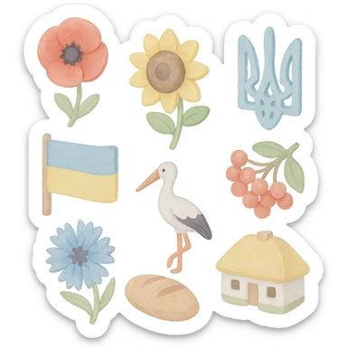 3D illustrative style icons set: red poppy, sunflower, Ukrainian flag, trident, red viburnum, cornflower, bread, stork, Ukrainian house. 2x3 grid, organic spacing, transparent background. Artistic brush strokes, light brush texture, uneven edges for handmade effect, soft pastel colors, light graininess, camera angle 25°, watercolor spatial effect. sticker