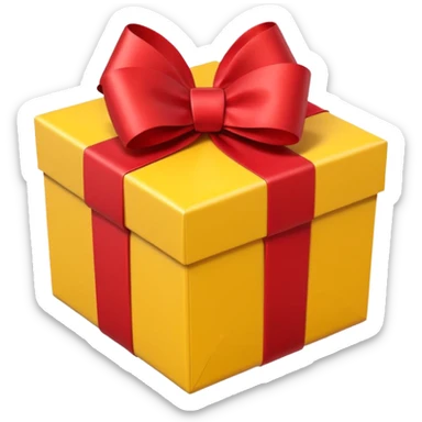 single yellow gift box with red ribbon bow, isolated on white background, high detail, soft natural lighting, no text, no watermark --ar 1:1 --v 6 sticker