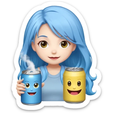 Chibi sticker of a woman with very long powder blue hair with white eyes holding a can of white Monster with a smug smile sticker
