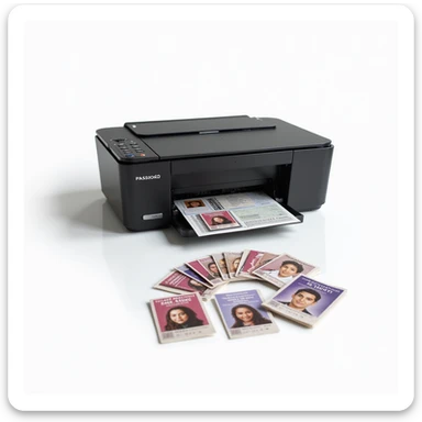 realistic thumbnail for a passport size photo print out service, featuring a printer printing out a sheet of passport size photos, with several printed passport photos arranged neatly in front, white background sticker