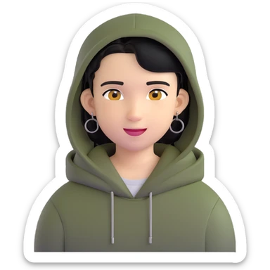 boy with military cut black hair, brown eyes, wearing 2 circle earrings and a black hoodie with a smiley face sticker