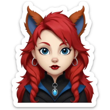  long curly blood red hair (darker), red pointed squirrel ears with black trim, black goth outfits, body and face human, blue eyes, more pointy chin, black lipstick, one big fluffy red squirrel tail with black tips, close her mouth, less evil looking sticker