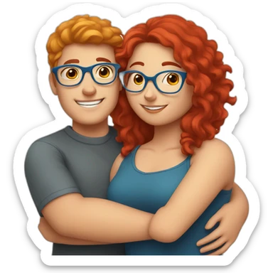 a boy and a curvy girl with red hair and blue glasses hugging sticker