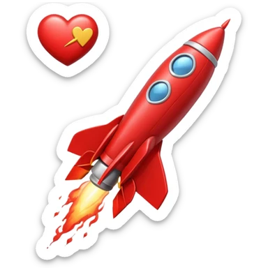 A tiny photorealistic red rocket with a heart emblem on it blasting toward a full moon. sticker