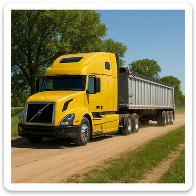 highly photorealistic Volvo yellow semi sleeper truck with a long silver end dump trailer, both in normal driving position, driving to the left down a rural dirt road lined with trees and grass, bright daytime lighting, clear sky sticker