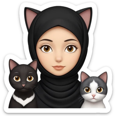 A girlhuman with brownblack eyes and black hijab. and three cats, two blackwhite and one grey cats animals  sticker