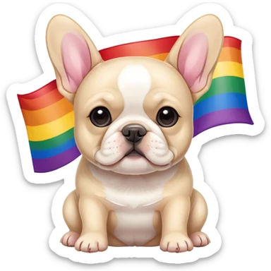 Cream French Bulldog infront of a rainbow pride flag sticker
