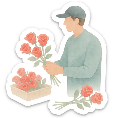 rose farm emoji showing grading and bunching of roses, watercolor art style sticker