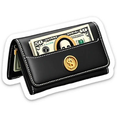Rich emoji style black leather wallet with dollar bills, luxury money vibe, premium 3D emoji, ultra clean, high detail, no background sticker