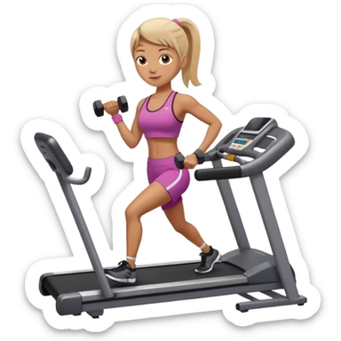 A treadmill set behind Two heavy dumbbells side by side on the floor  sticker