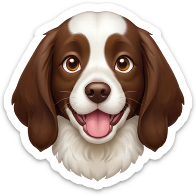 Cinematic Comical Springer Spaniel Portrait Emoji, Head tilted dramatically with an exaggeratedly amused expression, featuring a striking liver and white Fur with dynamic patterns, wide, expressive brown eyes filled with playful disbelief, Simplified yet hilariously expressive features, highly detailed, glowing with a slightly sassy glow, high shine, dramatic yet playful, stylized with an air of cheeky mischief, bright and endearing, soft glowing outline, capturing the essence of a spirited and over-the-top companion, so meme-worthy it feels like it could side-eye its way into internet fame instantly! sticker