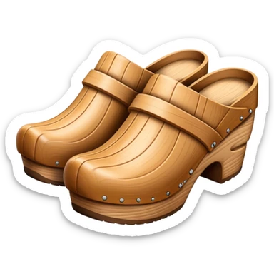 Cinematic Realistic Wooden Clogs Emoji, depicting the classic handcrafted footwear with a smooth, curved design and sturdy wooden soles, rendered with rich textures and warm, natural lighting. sticker
