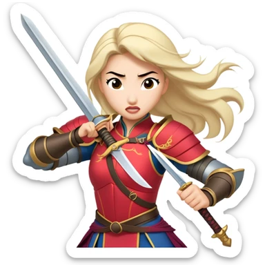 Cinematic Funny Mulan Portrait Emoji, Wearing her training armor too big, looking surprised as a sword nearly topples her over, a mix of warrior determination and hilarious inexperience, a comical yet endearing moment in her transformation! sticker