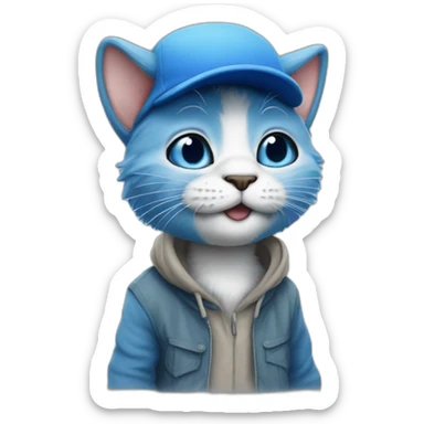 A realistic smurf that is mixed with a  blue cat with a white cap sticker