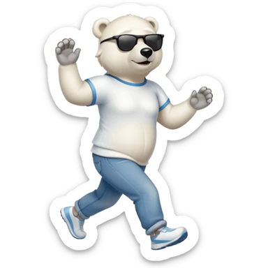 friendly anthropomorphised polar bear in jeans and a t-shirt, wearing dark sunglasses, jogging upright, standard pose sticker