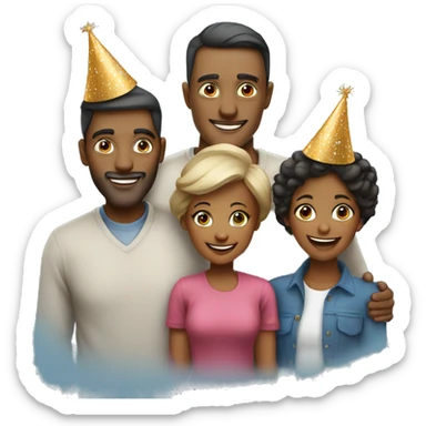  family of 4 people (man woman and 2 kids) celebrate new year in birthday hats sticker