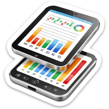 Photorealistic emoji of a compact device (handheld scanner) made of matte metal and glass. The bright, slightly reflective screen shows small colored bar charts/heatmap icons and language codes (EN, DE, 中文, العربية) plus a tiny analytics chart.  sticker