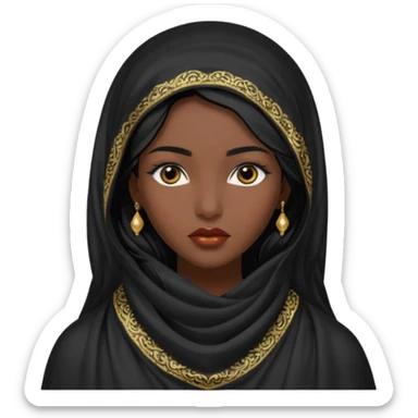 Apariencia: Mujer joven, morena, de gran belleza y porte misterioso.
-Rostro: Ojos grandes y negros, mirada intensa y fija; labios marcados.
-Cabello: Negro, largo y brillante, suele ir cubierto parcialmente por un velo o pañuelo oriental. sticker