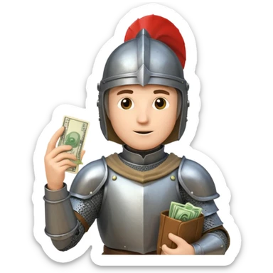 Knight with helmet holding phone and money sticker