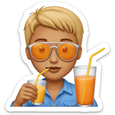 Sun is wearing sunglasses and drinking juice with stra sticker