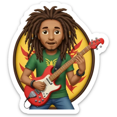 Bob Marley with dread locks play electric guitar in form heraldic crest sticker