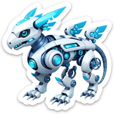 Futuristic mechanical modern badass cool shiny white with glowing cyan-blue animal Digimon Fakémon hybrid full body with intricate patterns sticker