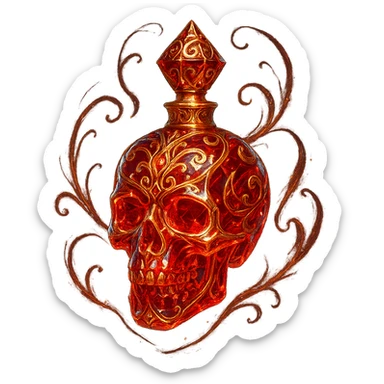 very luxurious crystal skull-shaped elixir bottle, red color, very small golden collar, lots of glowing, edges, ornaments, golden details, magical effects, transparent background, clearly floating in air, no base or shadow, premium class, matches a collection sticker