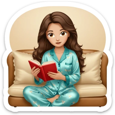 Woman with brunette hair light tanned skin reading on sofa. Long wavy hair. Beige ivory colours. Silk pyjamas. Realistic. Foxeye with lashes. Glamorous makeup sticker