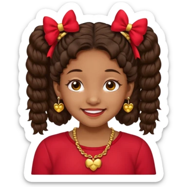 Brownskin girl dark brown hair fluffy. pigtails with red bows brown eyes smiling closed mouth red shirt gold esrrings gold necklace sticker