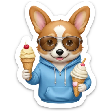 Cartoon corgi with ice cream, a hoodie, and sunglasses sticker